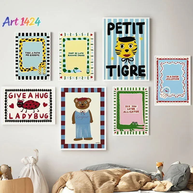 Funny Bear Tiger Snake Crocodile Ladybug Poster Wall Art Canvas Painting Cartoon Posters Prints Pictures Baby Kids Room Decor