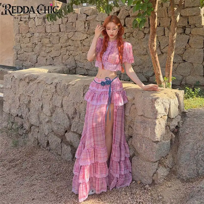REDDACHiC Tartan Plaid Pink Blouse Skirt Matching Set Western Low Waist Maxi Cake Skirt Semi-sheer Shirt Cutecore Women Clothes