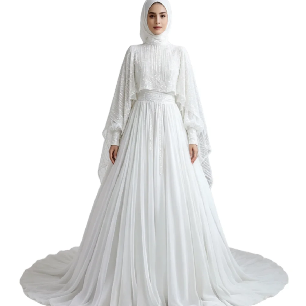 Elegant Islamic Sequin Cape Wedding Dress High Neck Long Sleeve A Line Muslim Bridal Gowns Rustic Country Chiffon Modest Bride