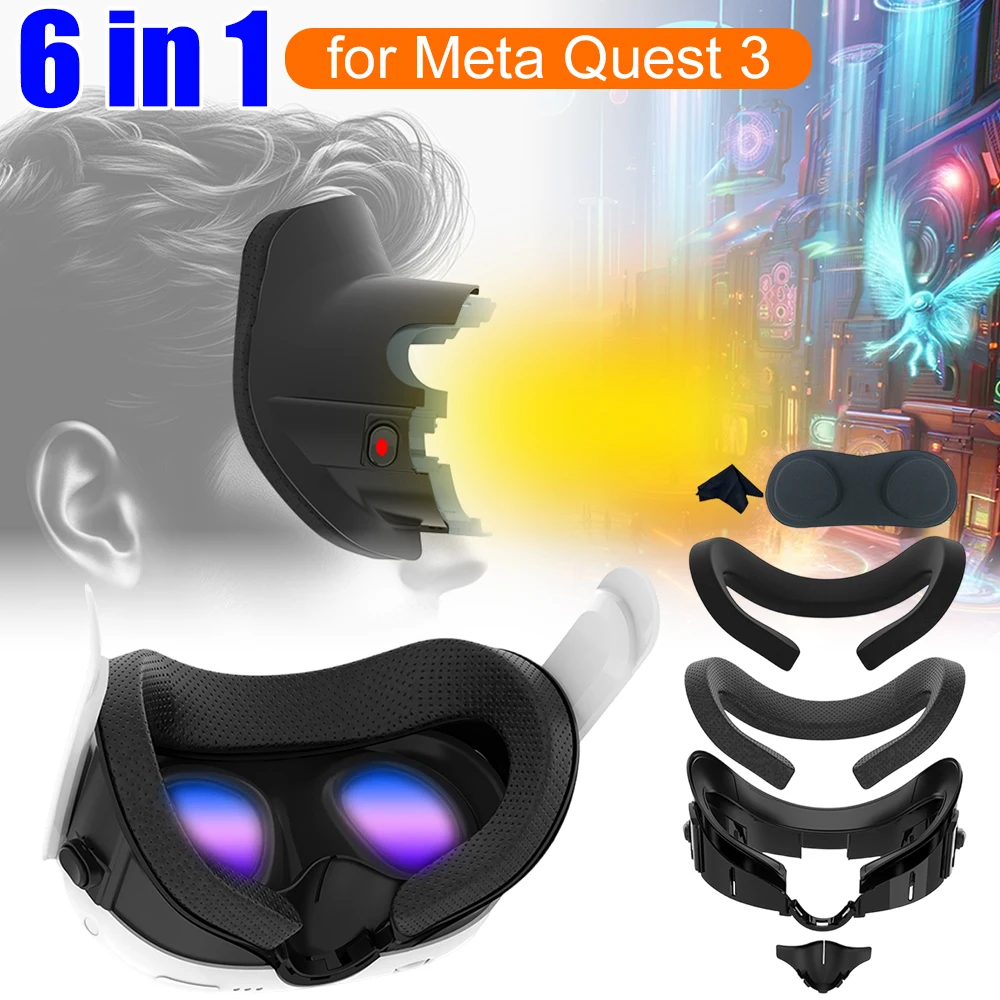 

Комплект 6 в 1 для Meta Quest 3: накладка на лицо из полиуретана и ледяного шелка, защита для носа от протекания, защита для линз, салфетка для линз