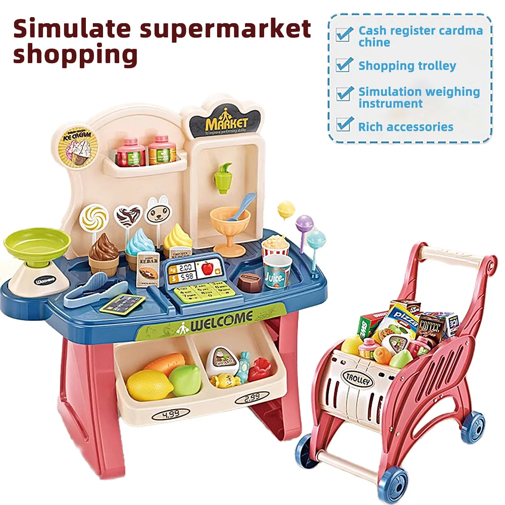 لعبة عربة التسوق في السوبر ماركت للأطفال مع عربة ومجموعة طعام 40 قطعة مجموعة لعب الحلوى المحاكاة هدية للفتيات والأولاد