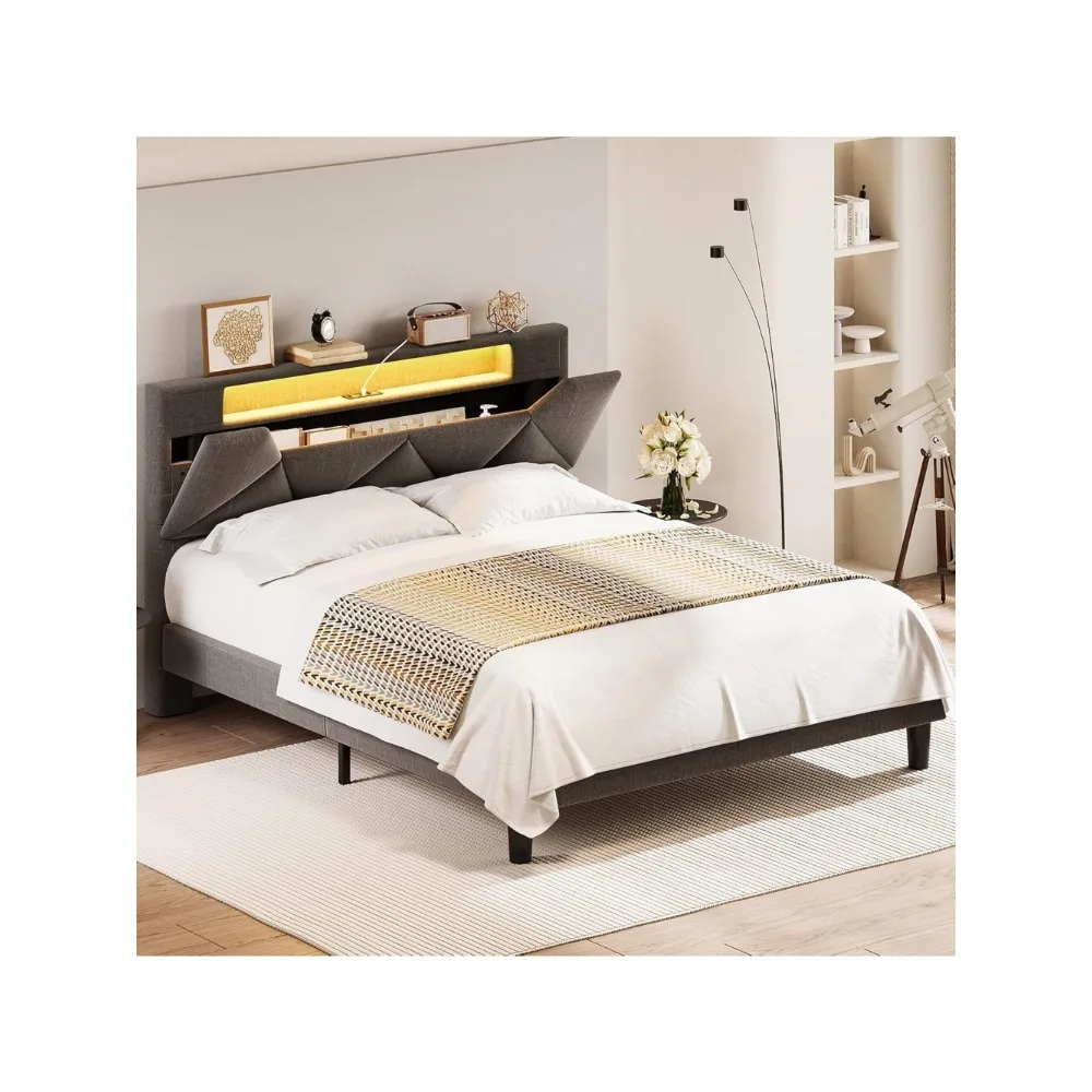 Bedroom Furniture Easy Assembly Base Beds and Frames Grey Noise Free Bed Frame LED Lights Upholstered Platform Bed Bases & Home