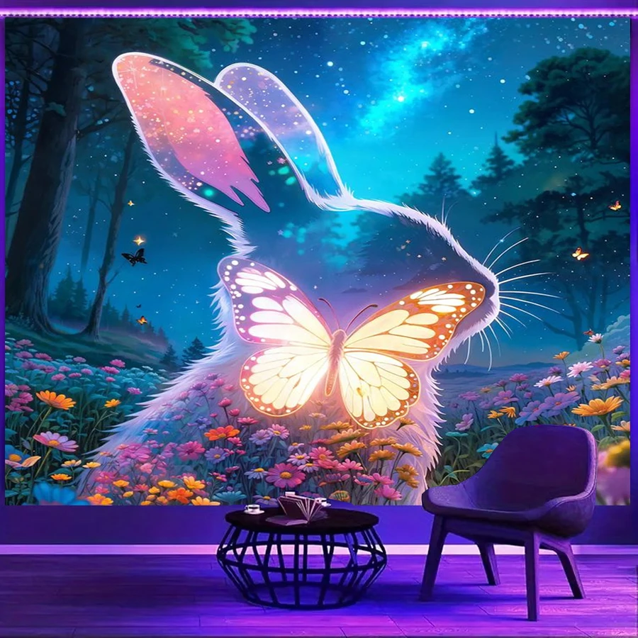 1PC Rabbit Butterfly Field Art Print Backdrop Banner, Bedroom Living Room Photo Background, Polyester, Home Decor, Wall Art