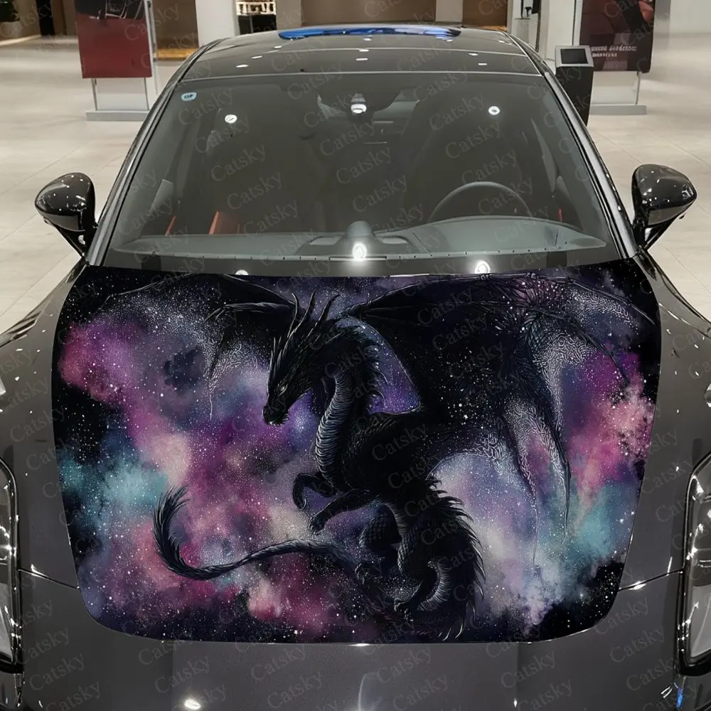 Iridescent Starry Sky Black Dragon Car Vinyl Wrap, PVC Waterproof Car Hood Sticker, Self-Adhesive Scratch-Resistant Stickers