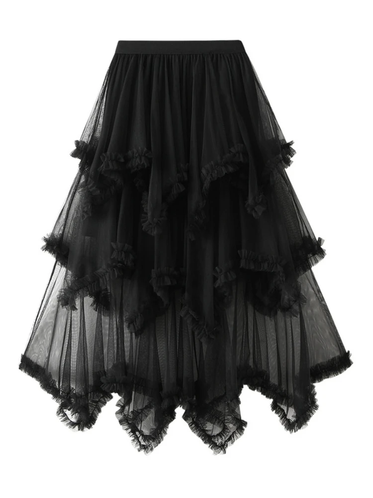 2024 New Fashion Women\'s Asymmetrical Tulle Ball Gown Skirt Casual Elegant High Waist Fairy Mesh A-line Skirts for Spring Summer