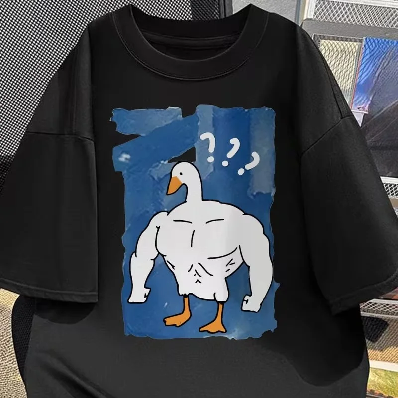 Funny Buff Duck Meme T-Shirt Confused Muscular Goose Graphic Tee Casual Short Sleeve Top Unisex Humor Animal Tshirt Men Women
