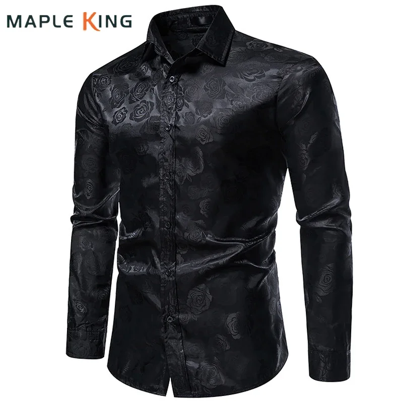 

Black Rose Print Mens Shirts Luxury 2023 Long Sleeve Floral Paisley Silk Business Party Wedding Shirt Men Clothing Chemise Homme