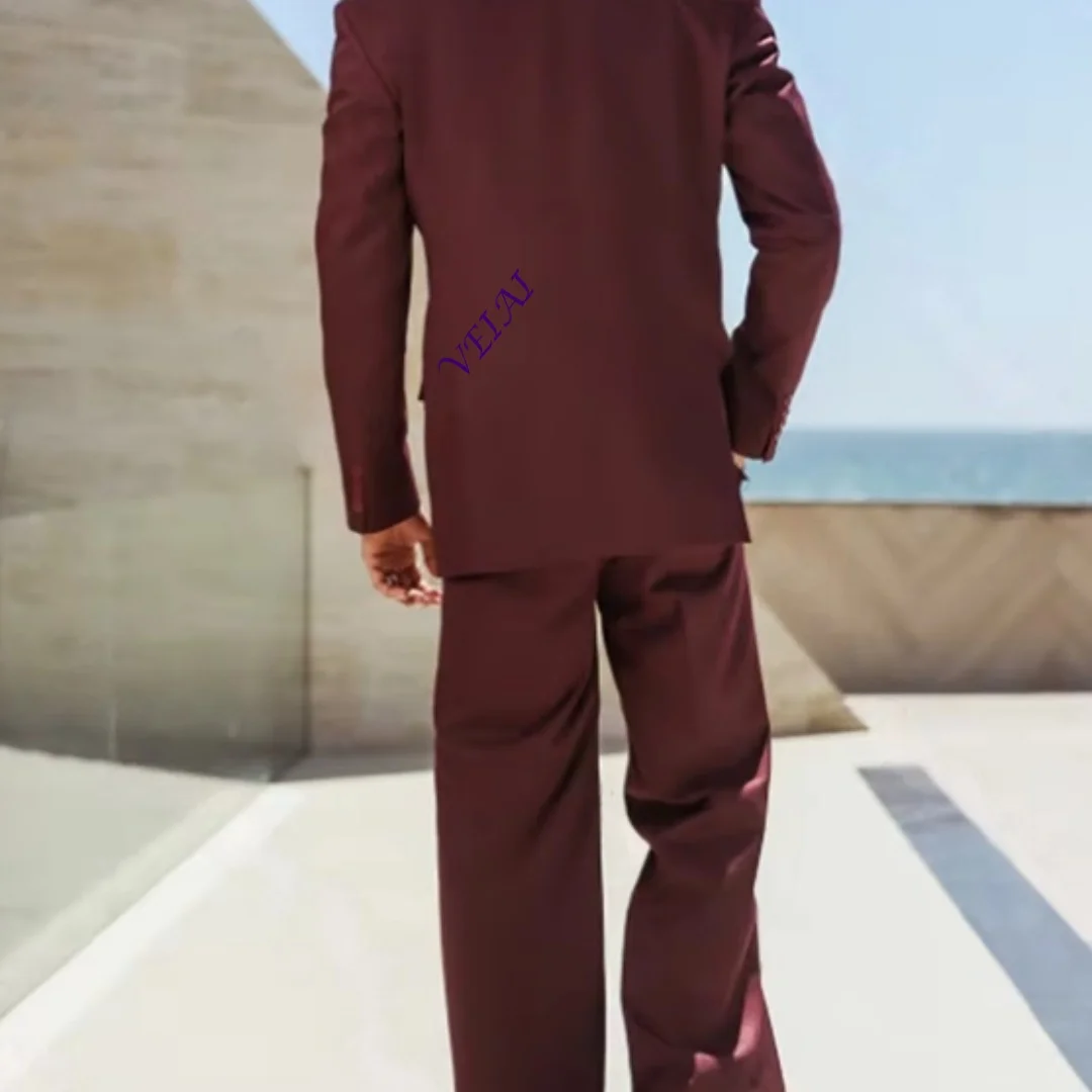 Burgundy Single Button Men's Loose Fit Suit Two-Piece Casual Party Prom Wedding Outfit Jacket And Pants Set Customizable