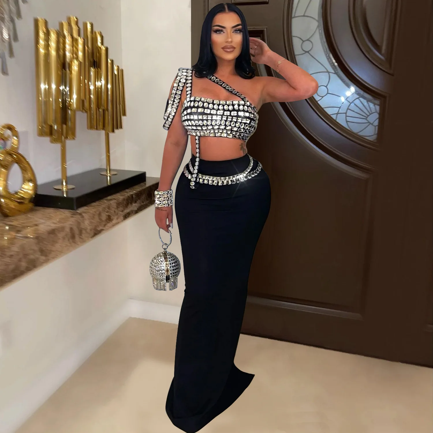 Roupa elegante de dança do ventre adulta feminina personalizada com suspensório sexy meia saia de diamante brilhante