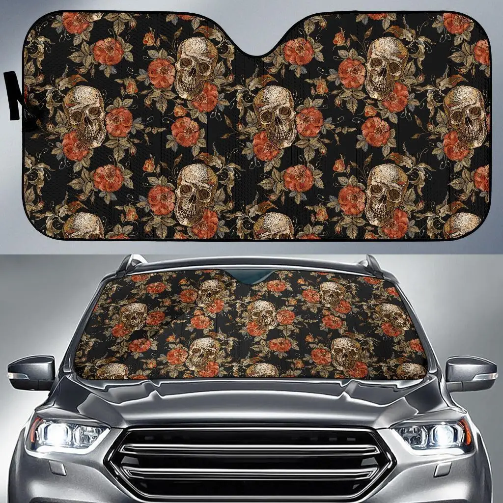 

Skeleton Sugar Skull Girly Floral Rose Pattern Print Auto Sun Shade Car Windshield Window Cover Sunshade