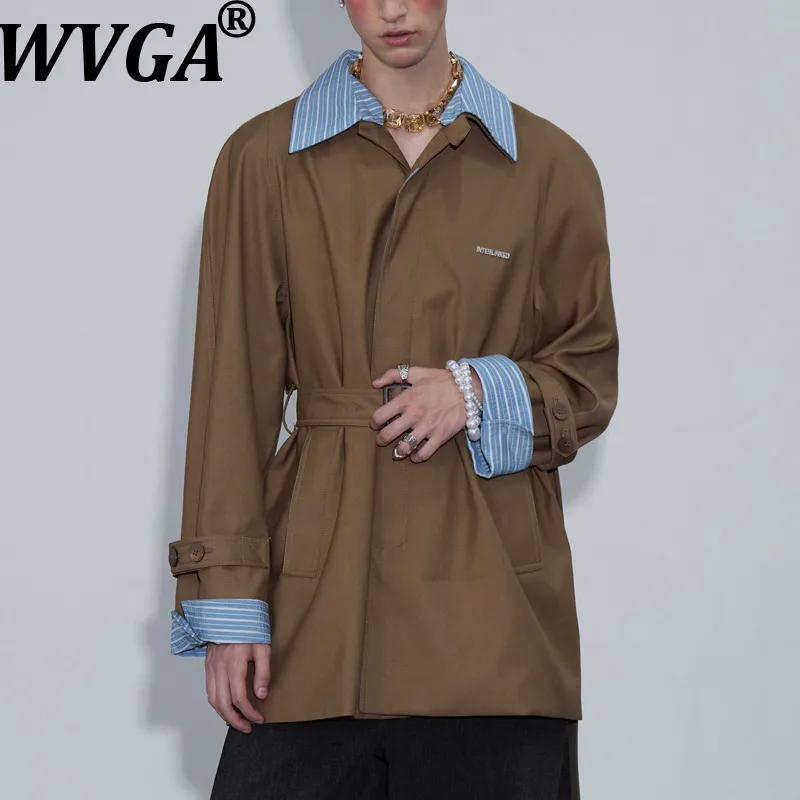 

WVGA Autumn Winter New Man Color Block Striped Turn-Down Collar Jackets Niche Casual Metal Trendy Mid-Length Trench Coats W14965