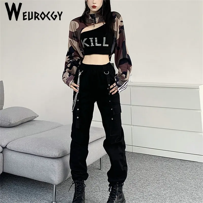 

Women Jazz Dance Clothes Camouflage Crop Short Top Reflective Pockets Hiphop High-Waist cargo Track Pants Hip Hop Costumes