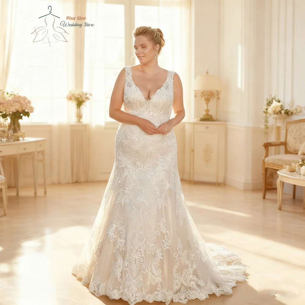 

Classic V Neck Wedding Dresses Plus Size Sleeveless Bride Gowns Appliques Back Button Sweep Train Tulle Mermaid Robe De Mariee