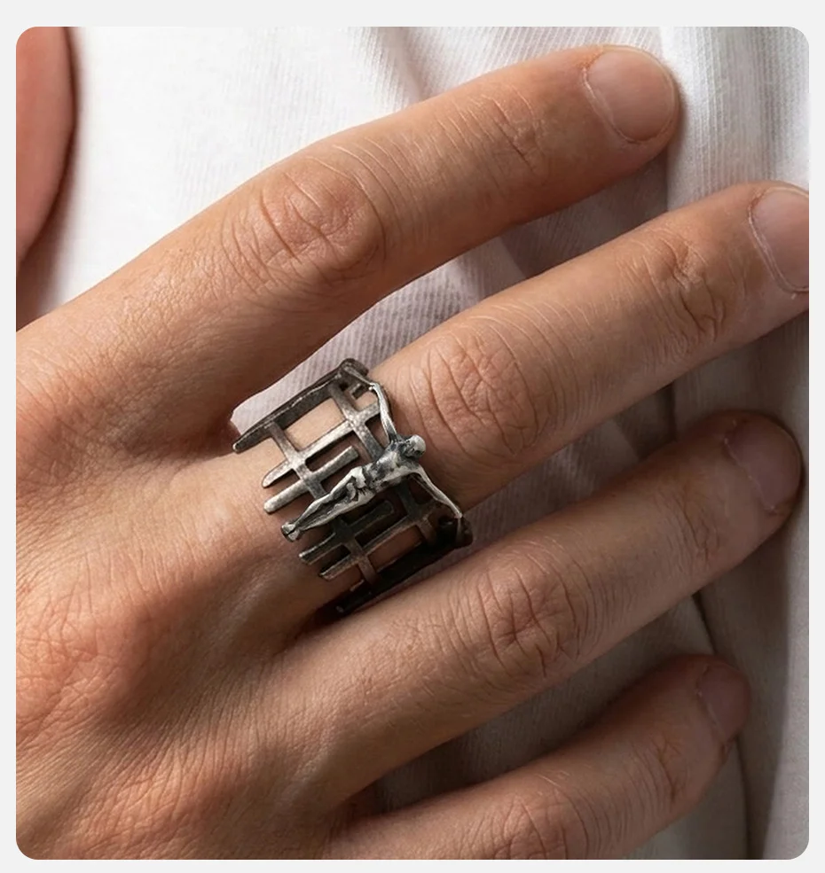 Vnox Antiker Käfig-Kruzifix-Ring für Männer, Gotischer Punk Hohlkreuz-Fingerring Religiöses Christliches Amulett Schmuck Geschenk – Detail 3