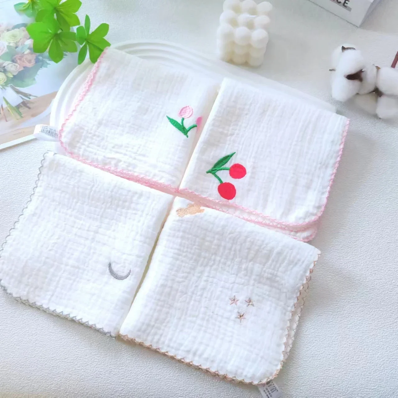 4pcs Embroidery Cotton Baby Face Towel Newborn Baby Items 4 Layer Muslin Baby Bibs Handkerchief Saliva Towel Feeding Burp Cloths