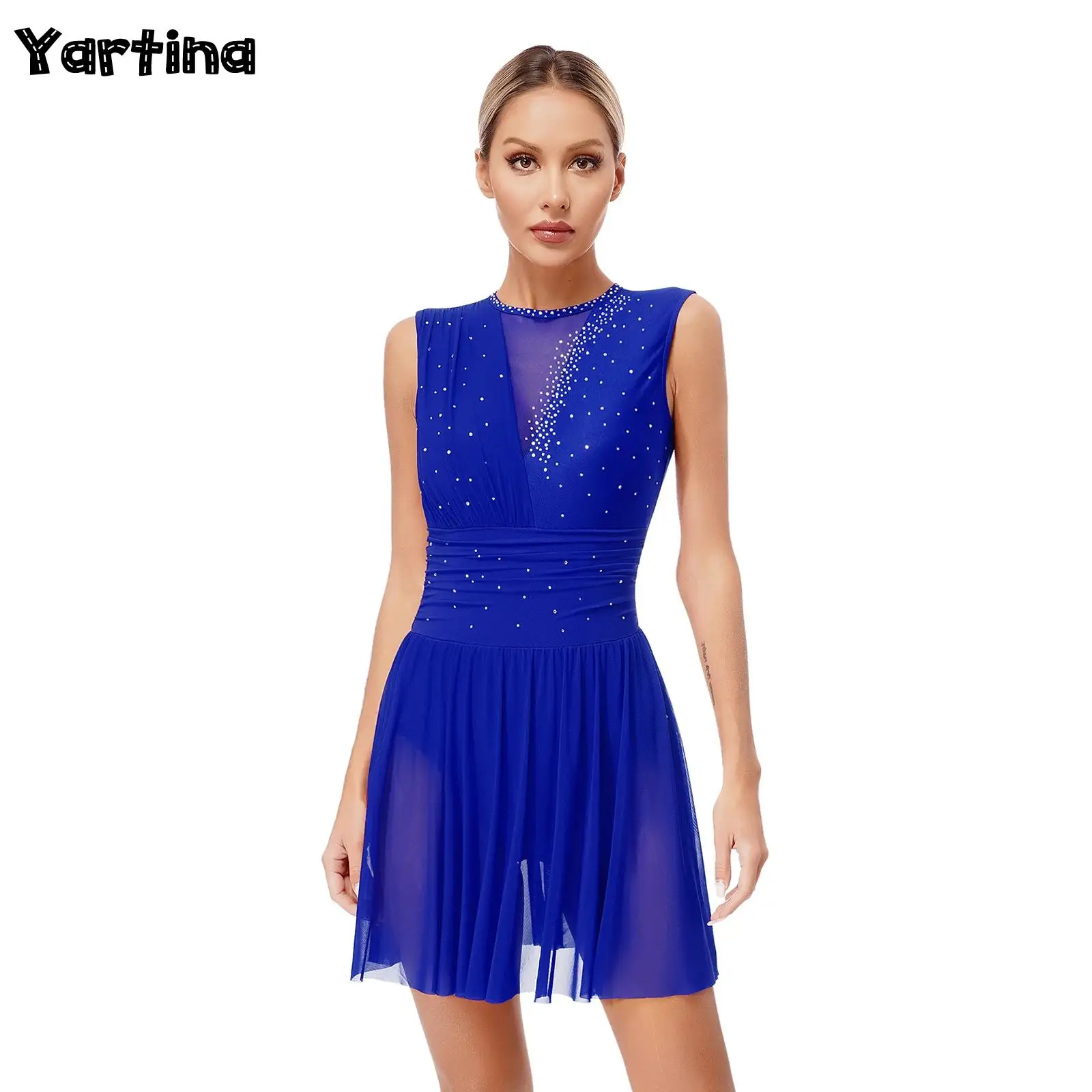 

Womens Gymnastics Figure Skating Ballet Jersey Dance Performance Costume Glittery Rhinestones Ruched Lyrical Dance Leotard Dress