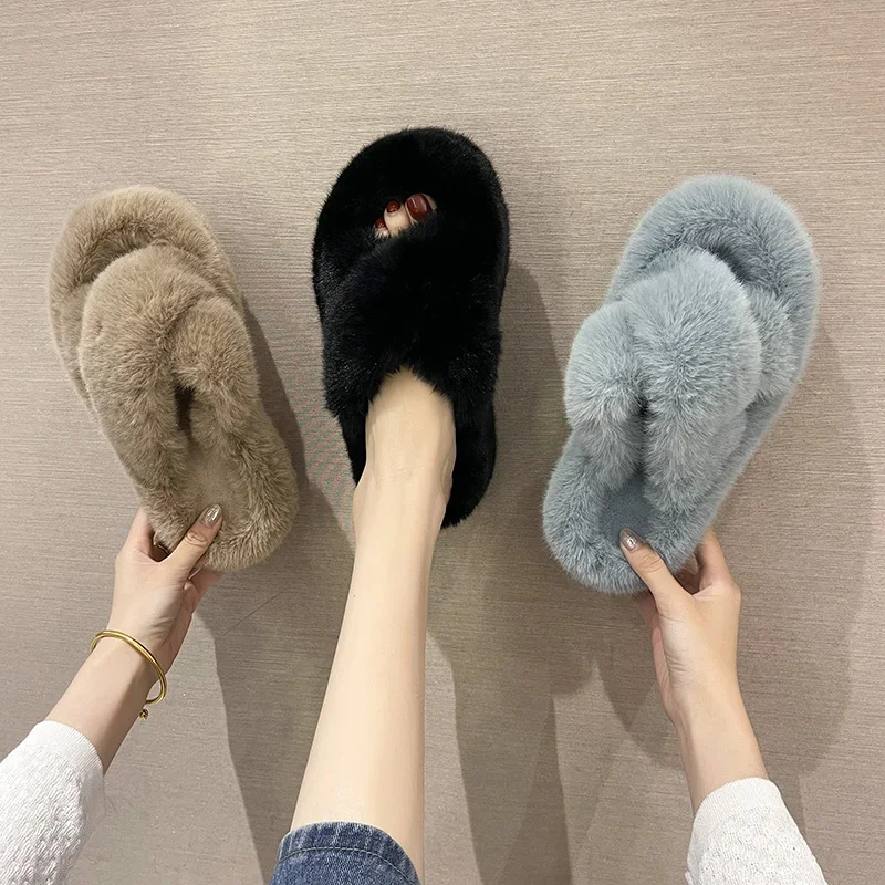 Autumn Winter Fluffy Slippers for Women New Warm Outside Wear Fashion Casual Flat Large Size Cotton Drag Woman Zapatos Mujer