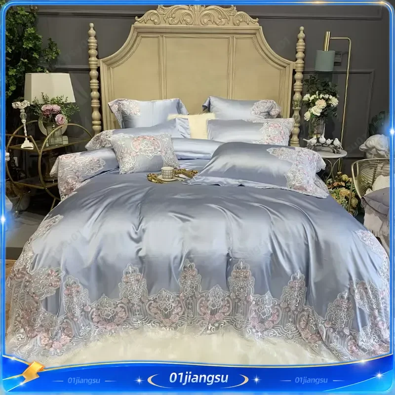 Luxury Hotel Wedding Bedding Set 600 Thread Count Long Staple Cotton Duvet Cover Set with Embroidery Blue Princess Style 3/4