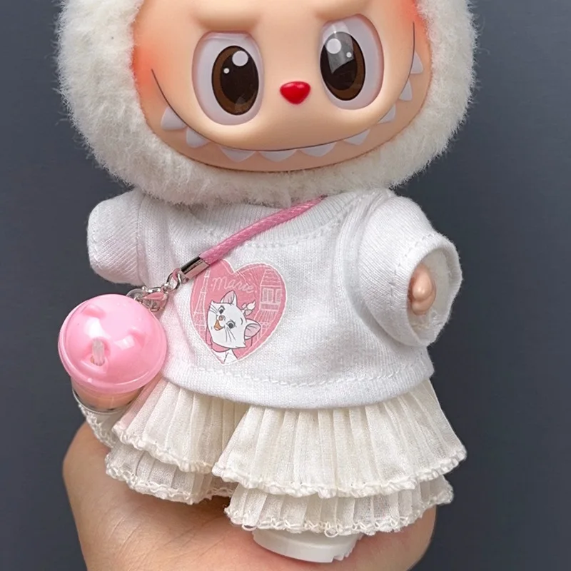 Sweet Style Outfit Set For 15/17cm 1st-3rd Generation Labubu Dolls White Top With Heart Shaped Cat Pattern Beige Pleated Skirt