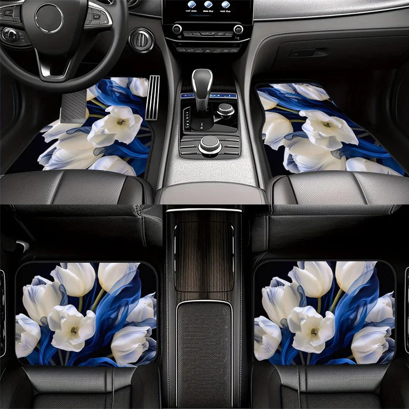 2pcs/4pcs Blue And White Tulip Art Theme Car Floor Mats, Universal Car Interior Mats, Durable Polyester Fiber, Mother'S Day Gift