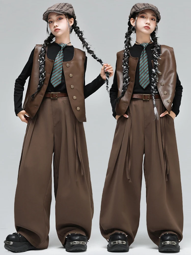 Costume de danse Hip Hop pour enfants, gilet marron, chemise à manches longues et pantalon pour filles, vêtements de spectacle de danse de rue Kpop BL17811