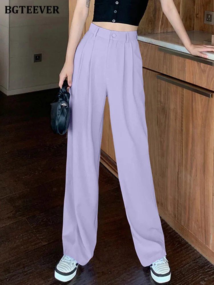 BGTEEVER Sommer Gerade Hosen für Frauen Hohe Taille Einzigen Taste Lose Weibliche Breite Bein Hosen Solide Damen Anzug Hosen