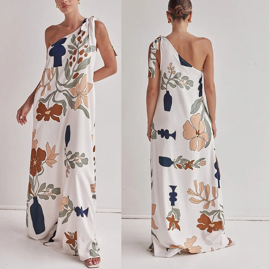VEITCHE Sommer 2025, elegantes Damen-langes Kleid, schulterfrei, bedruckte Tasche, ärmellos, lässig, locker, Urlaub, Party, Maxikleid