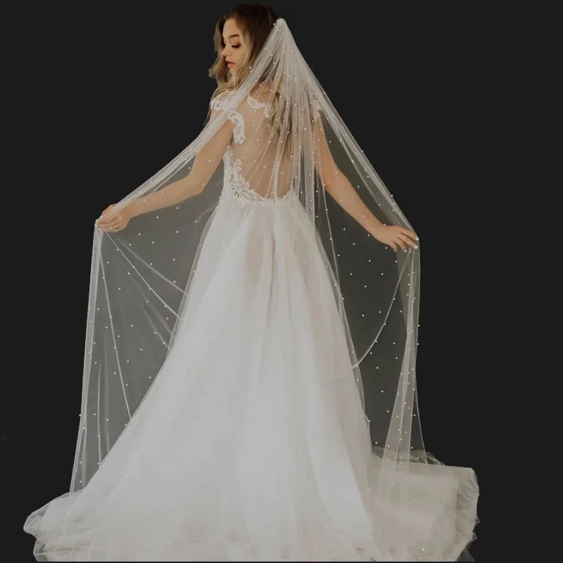 

White Ivory Tulle Mesh Bridal Wedding Veil With Comb Beading Pearls One Layer Veil Bride Accessories