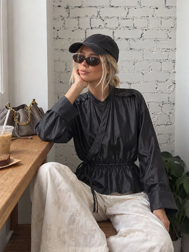 New Elegant Women Black Satin Blouse Jacket Autumn Winter Casual Loose Fit Long Sleeve Wrap Coat with Waist Tie Ruched Design