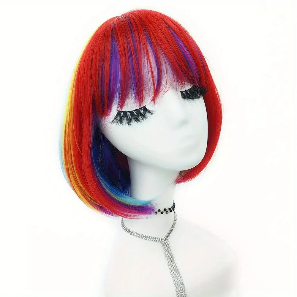Multicolor Regenboog Bob Pruiken Met Pony Baby Pruik Kort Kostuum Voor Kinderen Halloween Feest Cosplay Pruik Kleurrijke Synthetische Haar Pruiken