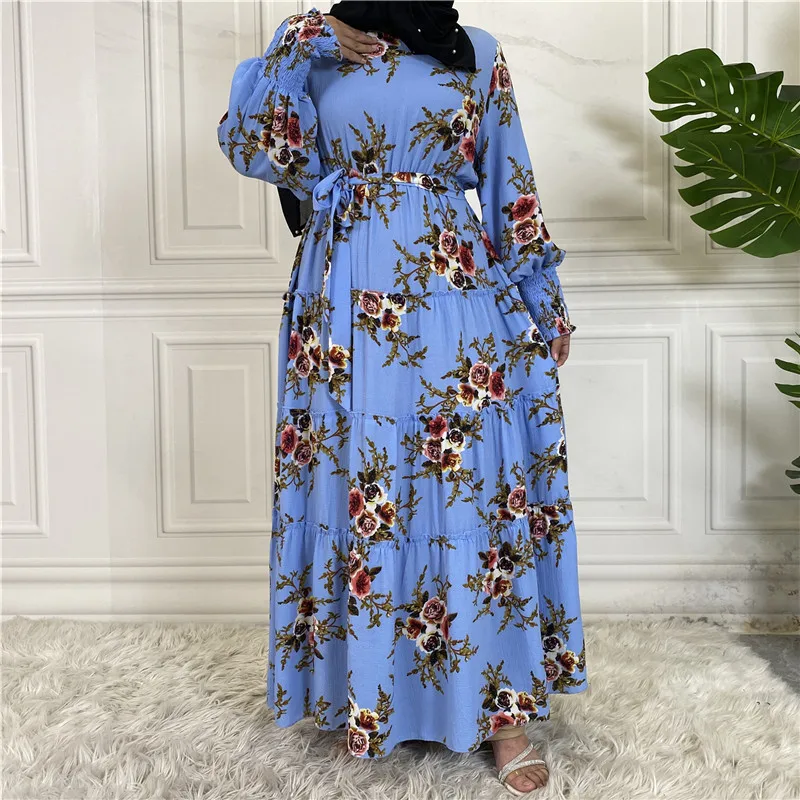 

2024 Fashion Floral Print Maxi Dress Women Muslim Abaya Dubai Turkey Kaftan Islamic Arab Robe Eid Ramadan Longue Vestidos Largos