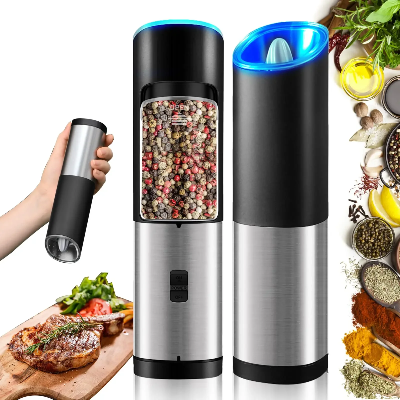 Automatic Salt Pepper Grinder Adjustable Coarseness Gravity  Electric Spices Mill Battery Powered Stainless Steel Kitchen Gadget