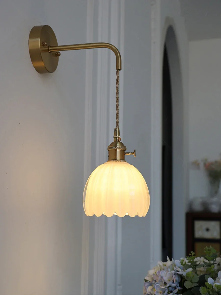 Floral Glass Wall Lamp Japanese Retro Modern Simple Bedside Lamp for Bedroom Study Led Mirror Light Nordic Wall Sconce