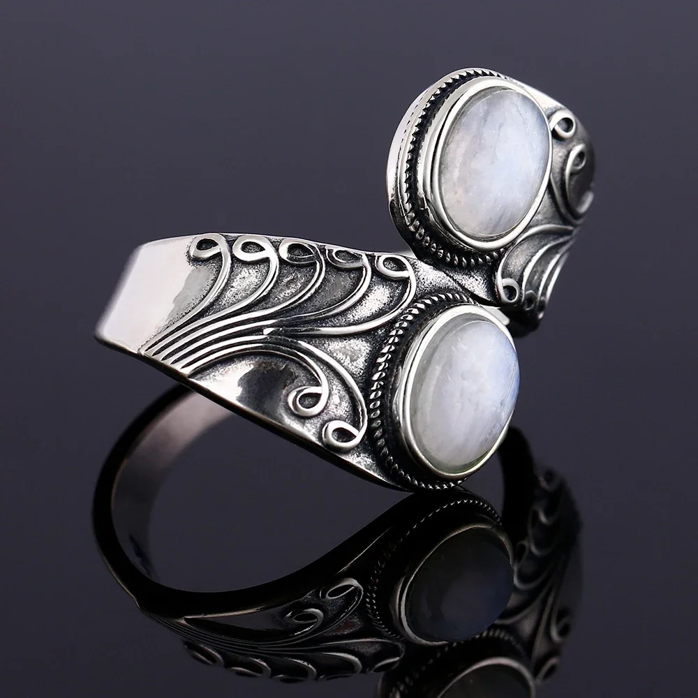 925 Sterling Silver Naturalny pierścionek z kamieniem księżycowym dla mężczyzn Kobiety Kreatywny projekt Drobna biżuteria Impreza Urodzinowa Prezent Akcesoria — zdjęcie 5