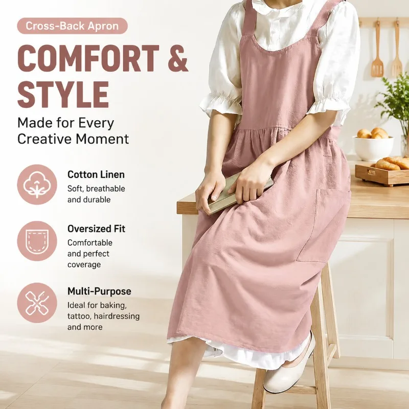 Cross-Back Apron Korean Cotton Linen Oversized Print Logo Waist Apron for Baking, Tattoo, Hairdressing