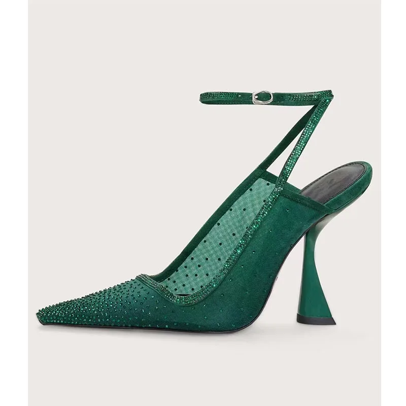 

Pointed Mesh Rhinestone High Heel Sandals Back Hollow Ankle Strap Pumps Buckles Special Shaped Heel Women Shoes Sandalias Mujer