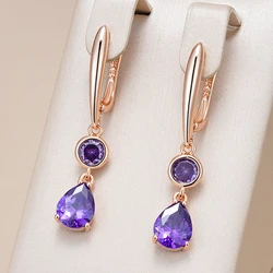 Kinel Hot Shiny Purple Natural Zircon Long Dangle Earrings for Women 585 Rose Gold Color Vintage Ethnic Bride Daily Fine Jewelry