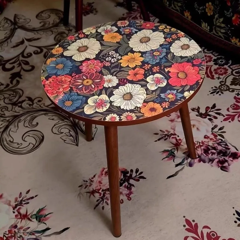 Colorful Boho Side Table Printed Coffee Table Round Accent Side Table End Table  Living Room Couch Bedroom Wood Bed Side Table