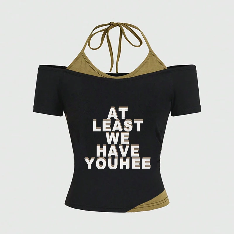 

Fake two piece design letter printed women's T-shirt slim fit short sleeved clothing cotton high street