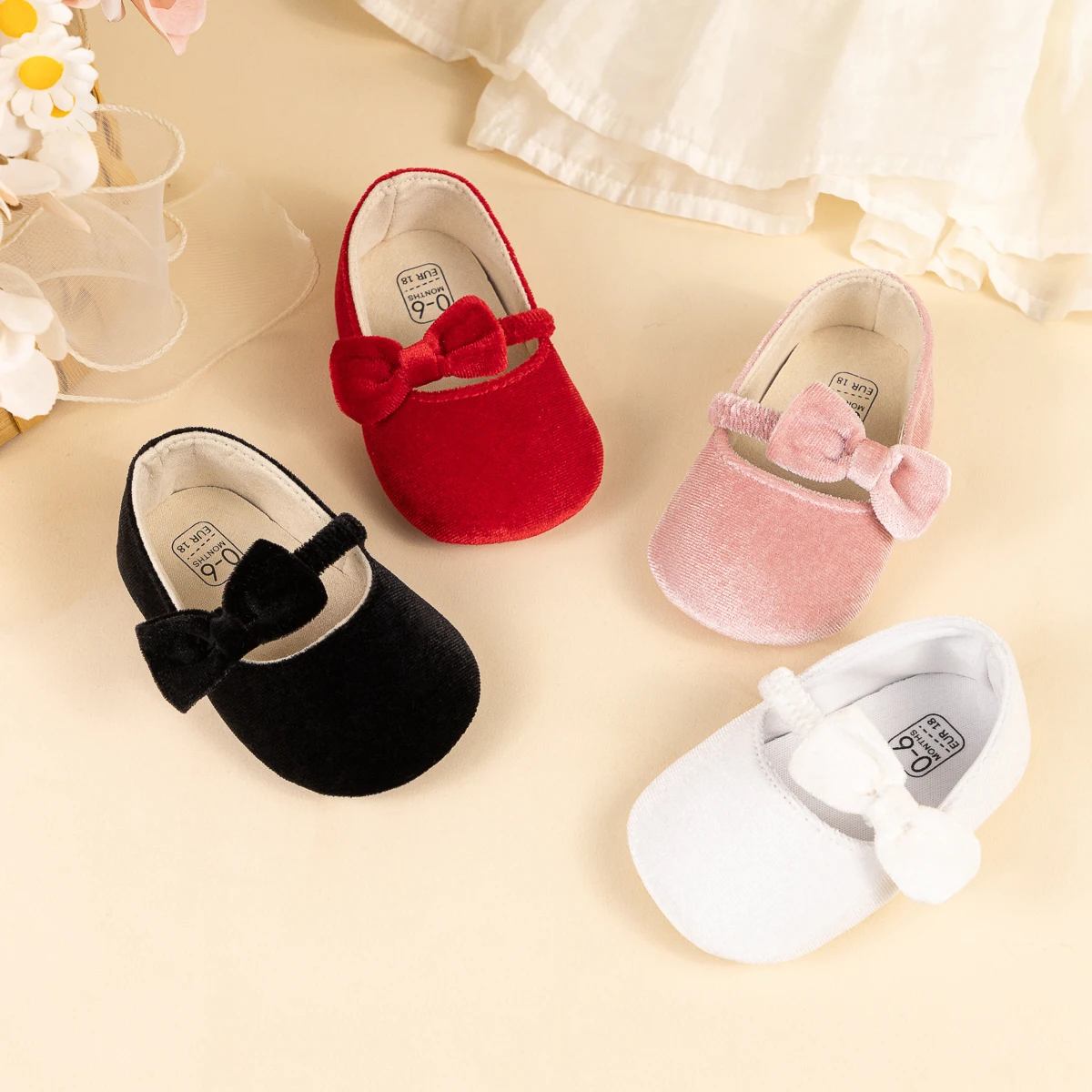

Newborn Baby Girls Mary Jane Flats Cute Bowknot Velvet Toddler Dress Shoes Infant Crib Breathable Solid Color First Walkers
