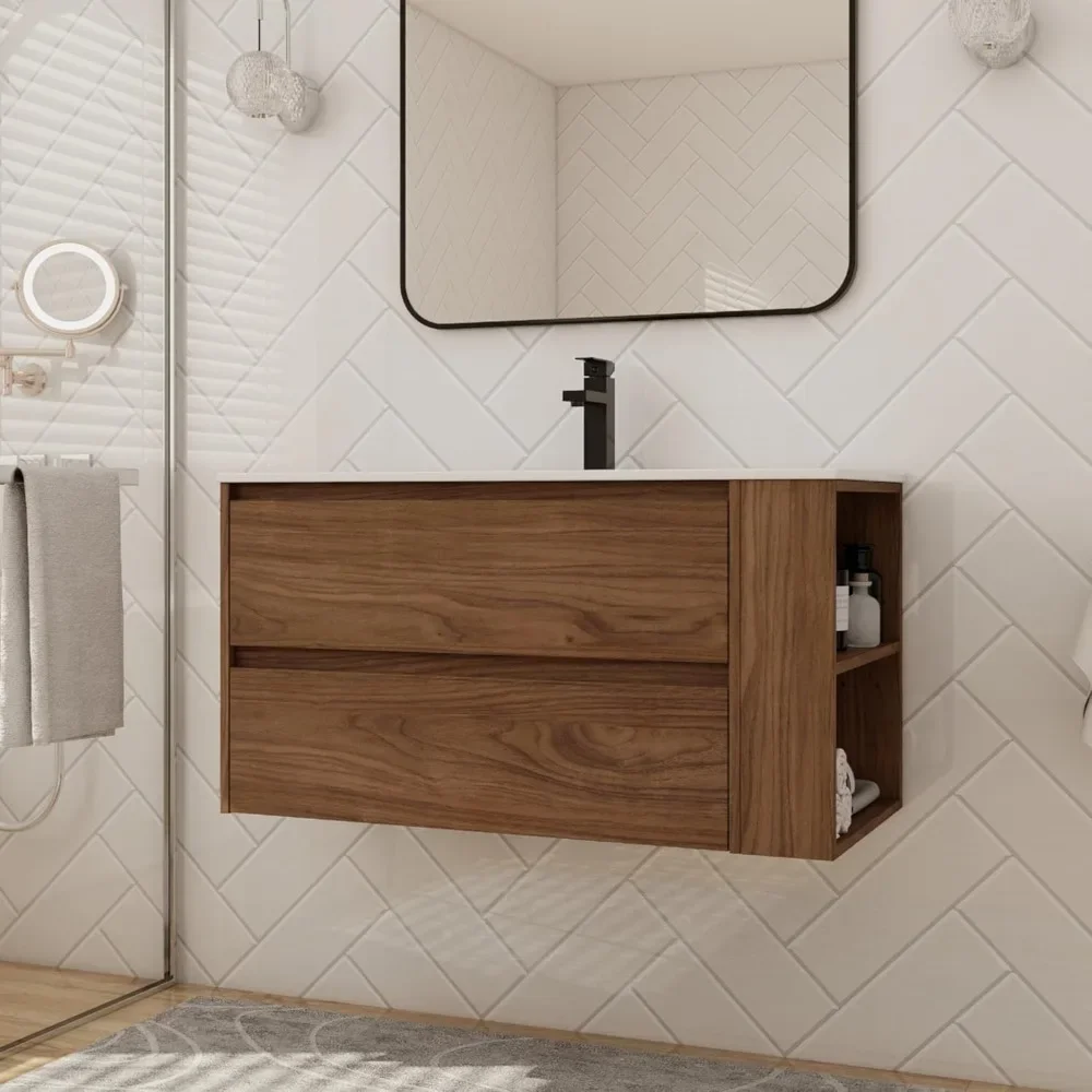 36 Inch Floating Bathroom Vanity with Ceramic Sink, Top Basin & 2 Drawer and Open Shelf, Modern Wood Floating Bath Cabinet