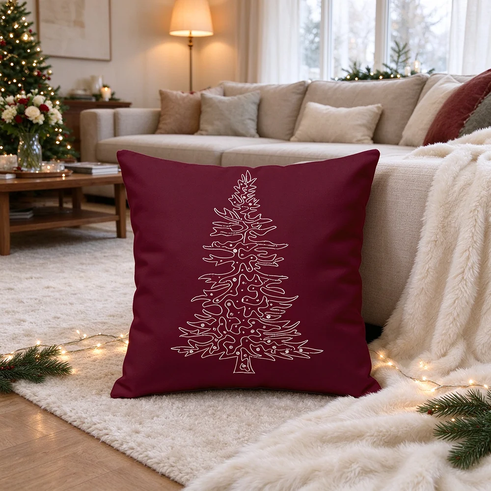 2PCS Burgundy White Christmas Tree Pillow CoverPolyester Cushion Case for Sofa Couch Living Room Bedroom Home Decor