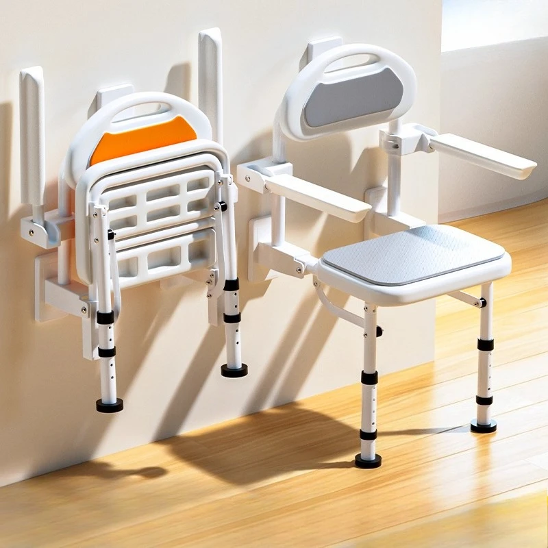 Elderly Bathroom Folding Chair Wall Shower Seat Wall-mounted Disabled Accessible Shower Stool with Armrest Back Bathroom Chairs