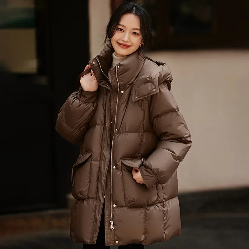 

Women's Winter Coats Hooded Loose Casual Puffer Jacket Duck Down Thicked Warm Mid-length Down Jacket Stand-up Collar Overcoat