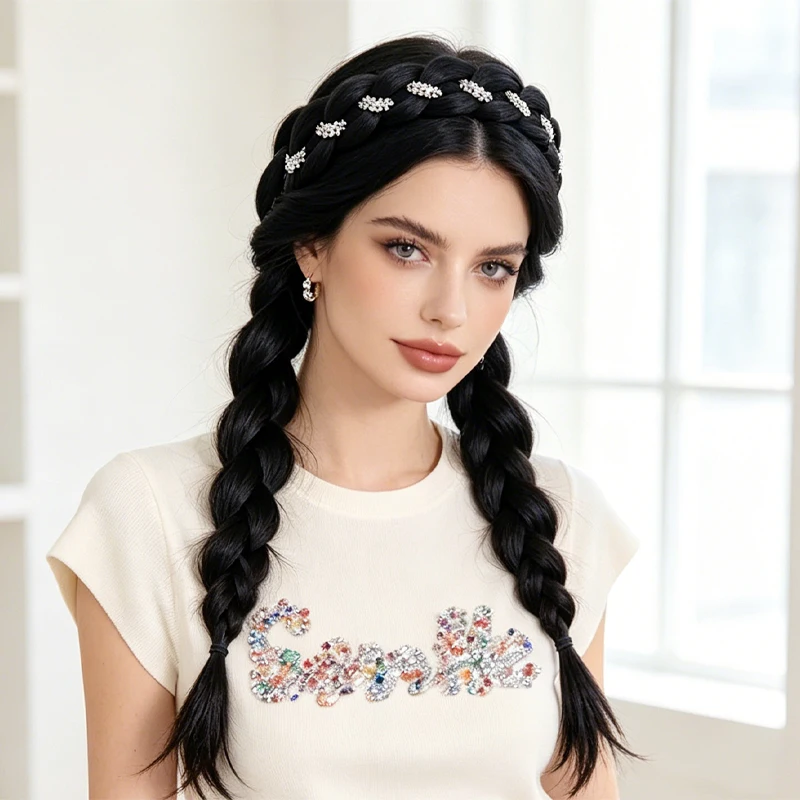 Elegant Synthetic Braid Headband, High Crown Design with Shiny Rhinestones, Secure Fit, Perfect Daily Outfits & Slimming Face