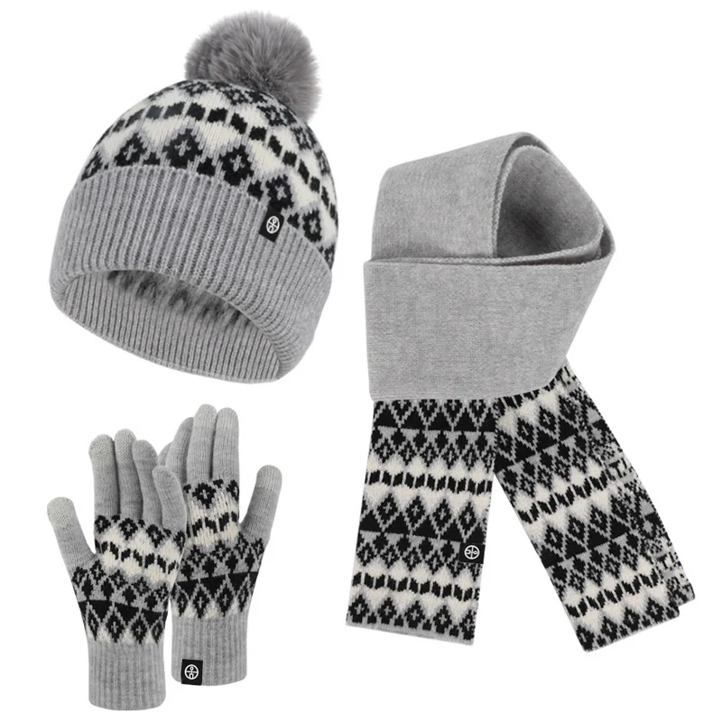 Hat Scarf And Glove Set For Women Winter Warm Soft Knitted Pompom Beanie Female Casual Solid Cashmere Scarf Suit Outdoor Skullis