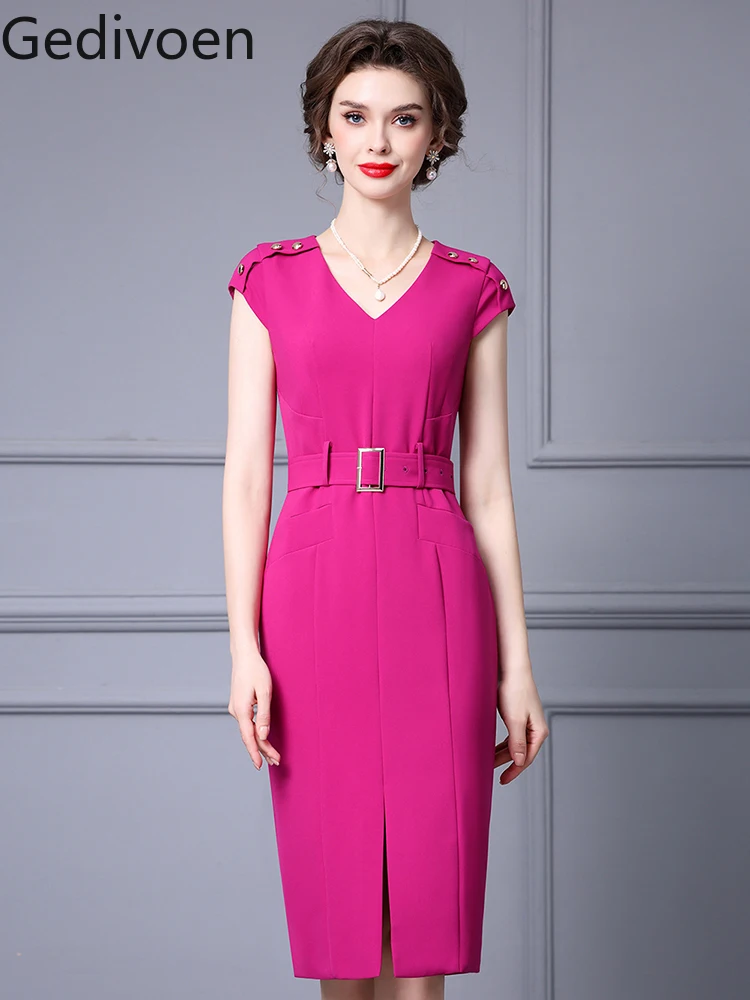 

Gedivoen Summer Fashion Runway New Designer V-Neck Collar Sashes Patchwork Slime Luxury Style Woman Elegant Dress