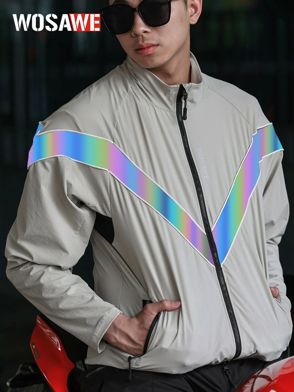 

WOSAWE Motorcycle Jacket Men's Patchwork Night Reflective Jacket Windproof Water Resistant Outwear Training Hip Hop Party Jacket