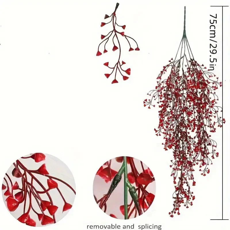 1 قطعة مجموعة إكليل الزهور الاصطناعية البونسيتة الحمراء الواقعية والجرس الذهبي الصفصاف الكرمة مع أوراق الشجر الخضراء اليدوية المظهر واقعية #5