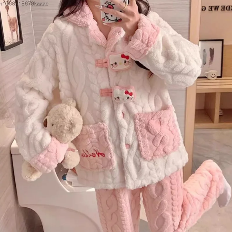 Sanrio Hello Kitty Autumn Winter Coral Fleece Thick Warm Pajamas For Women Set Cute Fashion Sleepwear Trend Casual Home Clothes